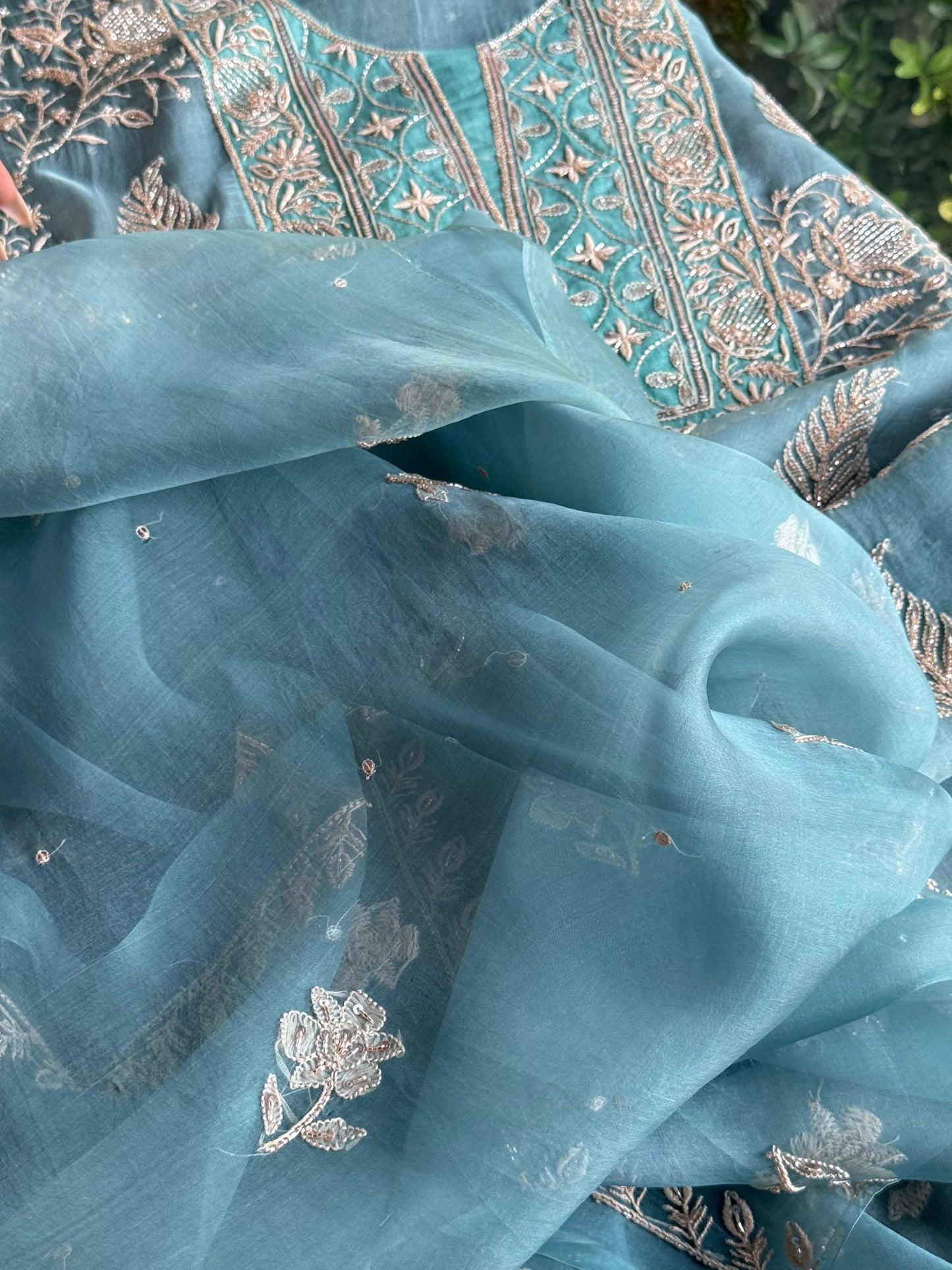 Pastel Shade Noor Organza Silk Chikankari Unstitched Kurta Dupatta Set