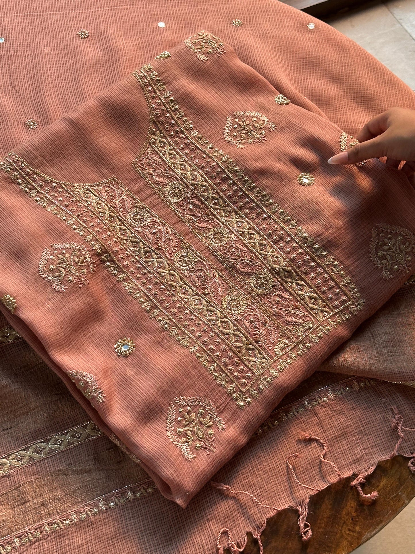 Old Rose Handloom Kota Chikankari With Mirror Work Unstitched Kurta Dupatta Set