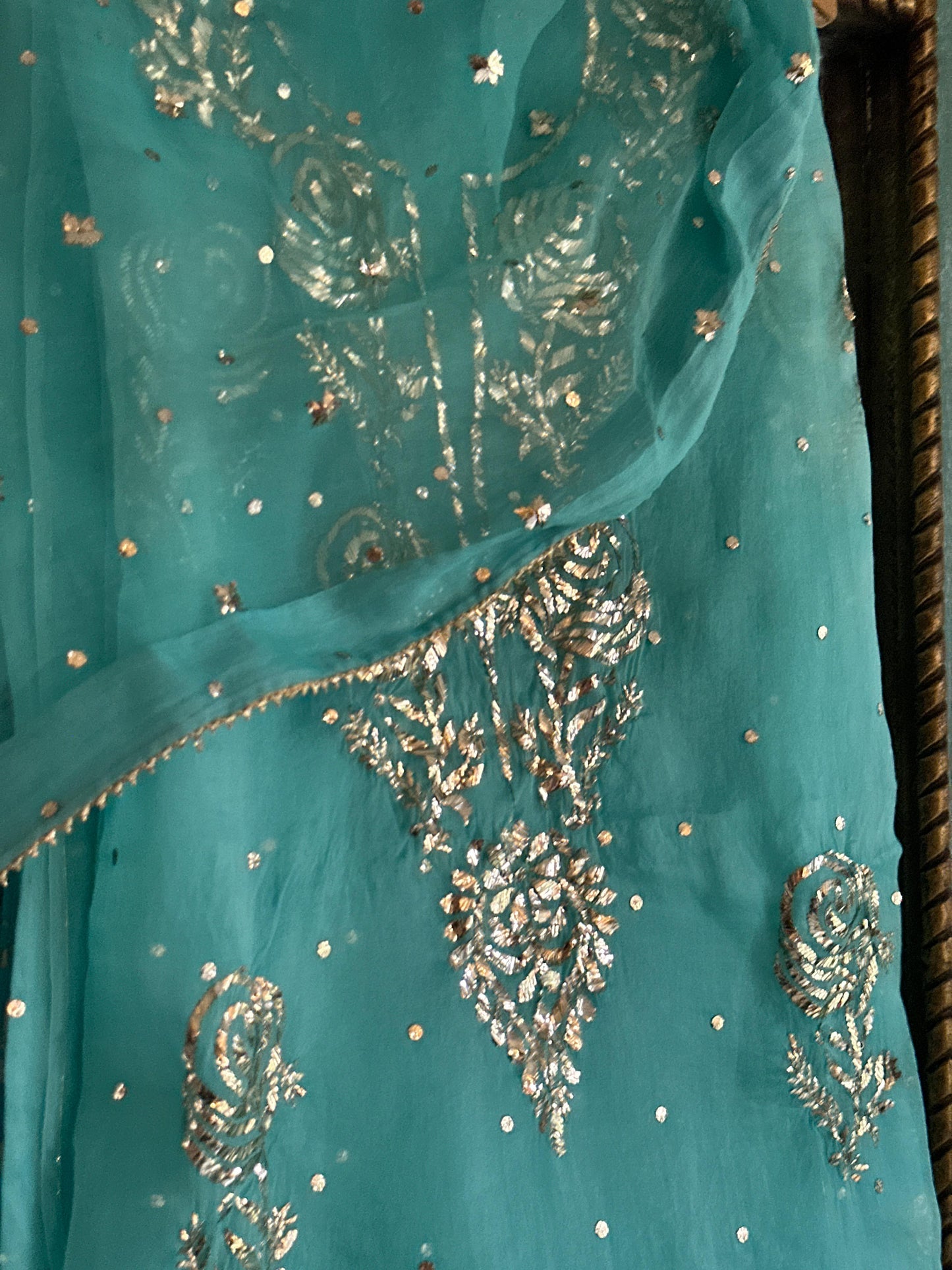 Aqua Blue Foil Print Organza Chikankari Sharara Set