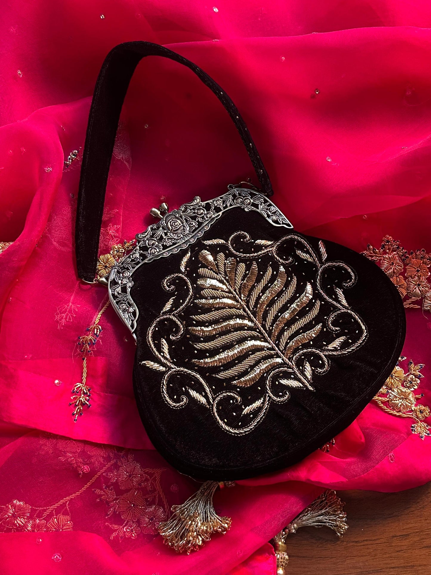 Jet Black Velvet Ari Mukaish Zardosi Sling Bag