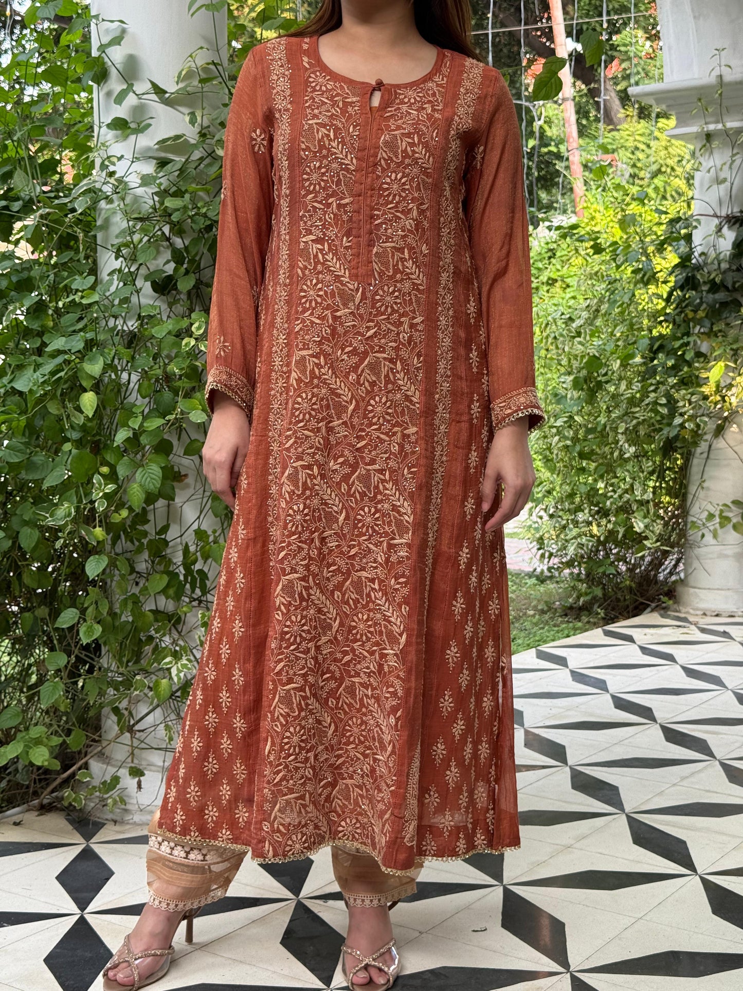 Rust Orange Tissue Silk Chikankari Straight Cut Kurta Dupatta Set