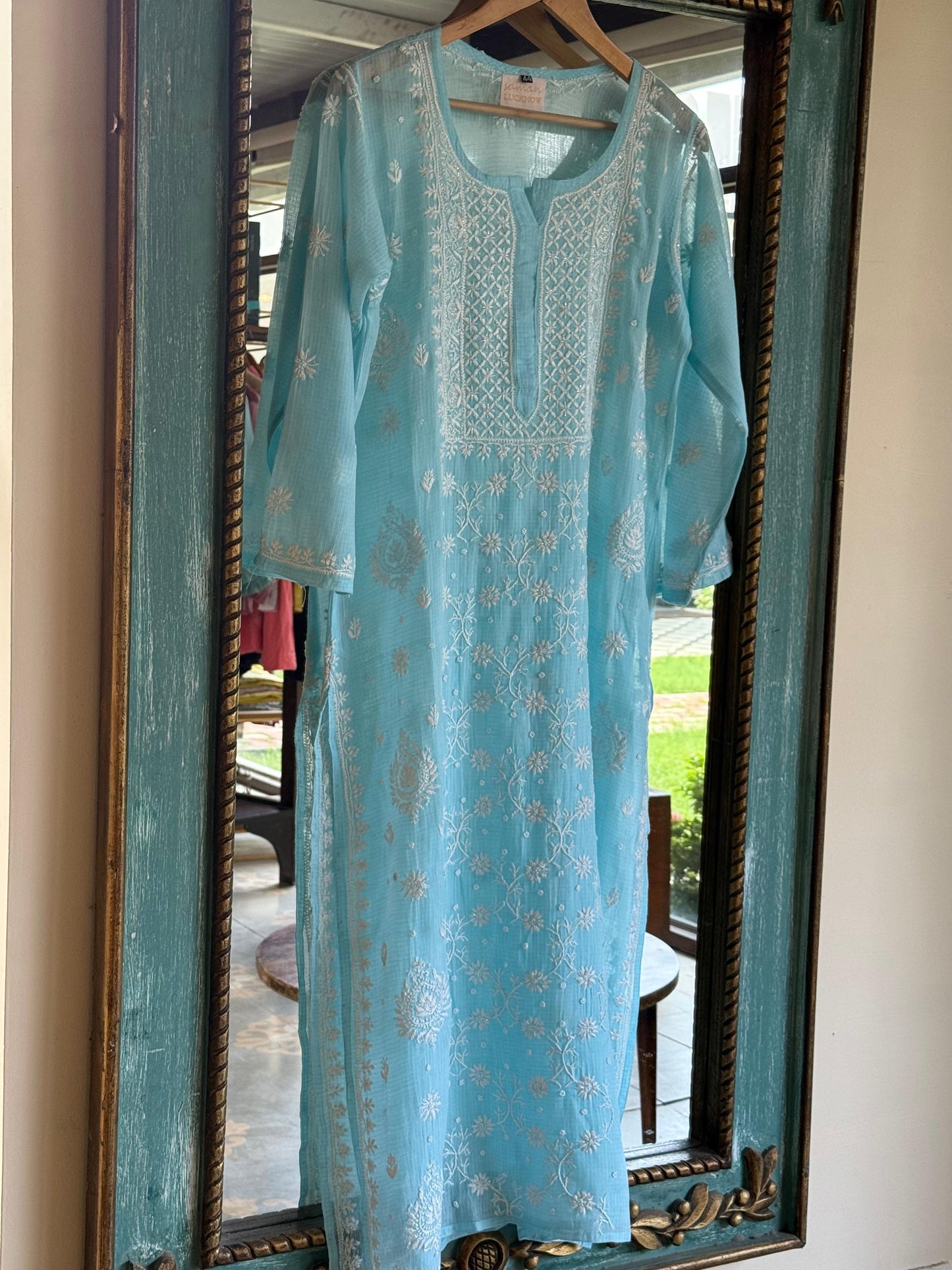 Blue Sequinned Chikankari Kota Kurta