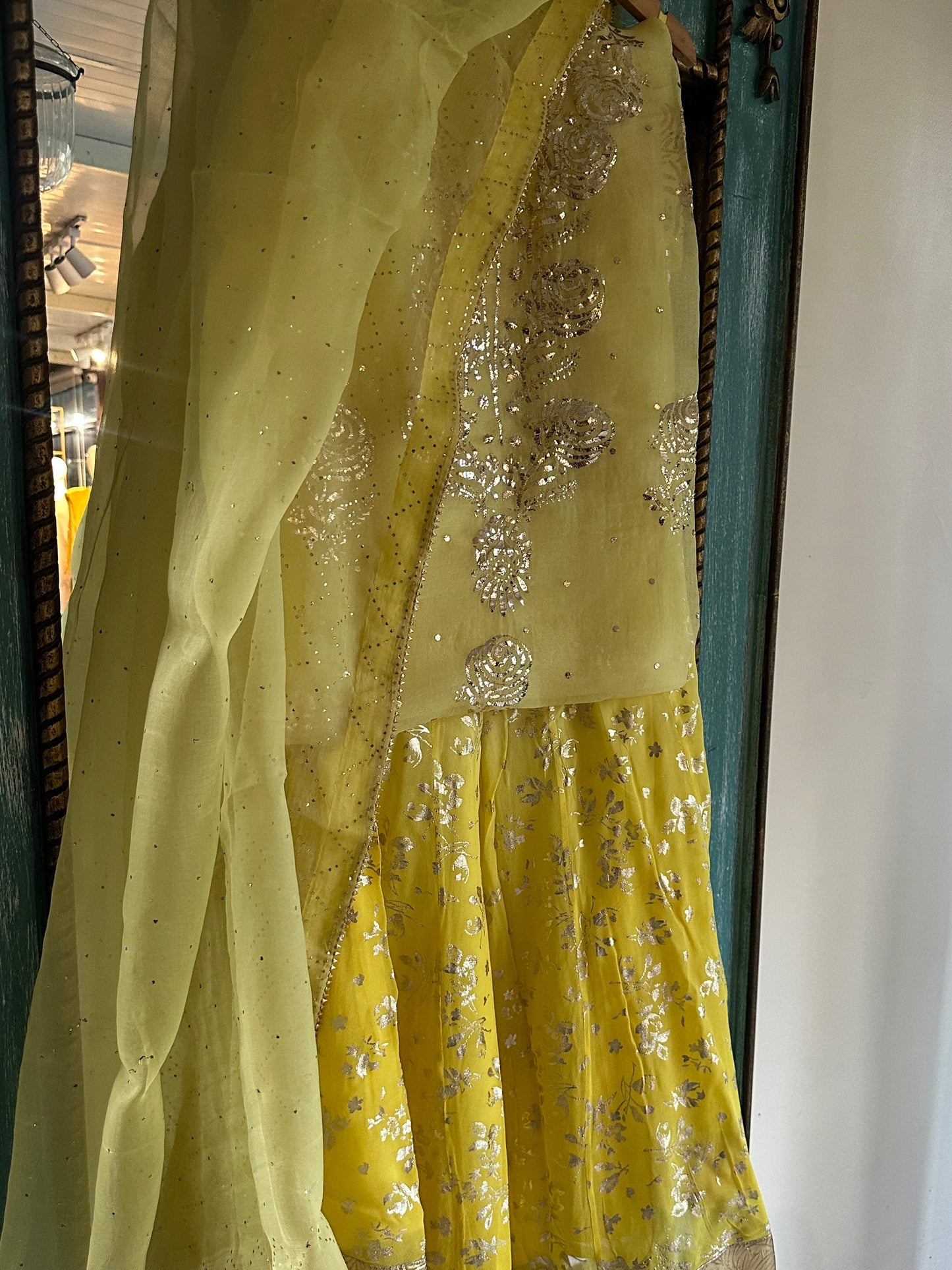 Light Yellow Foil Print Organza Chikankari Sharara Set