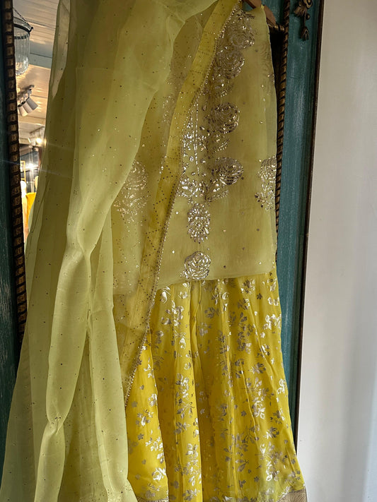 Light Yellow Foil Print Organza Chikankari Sharara Set