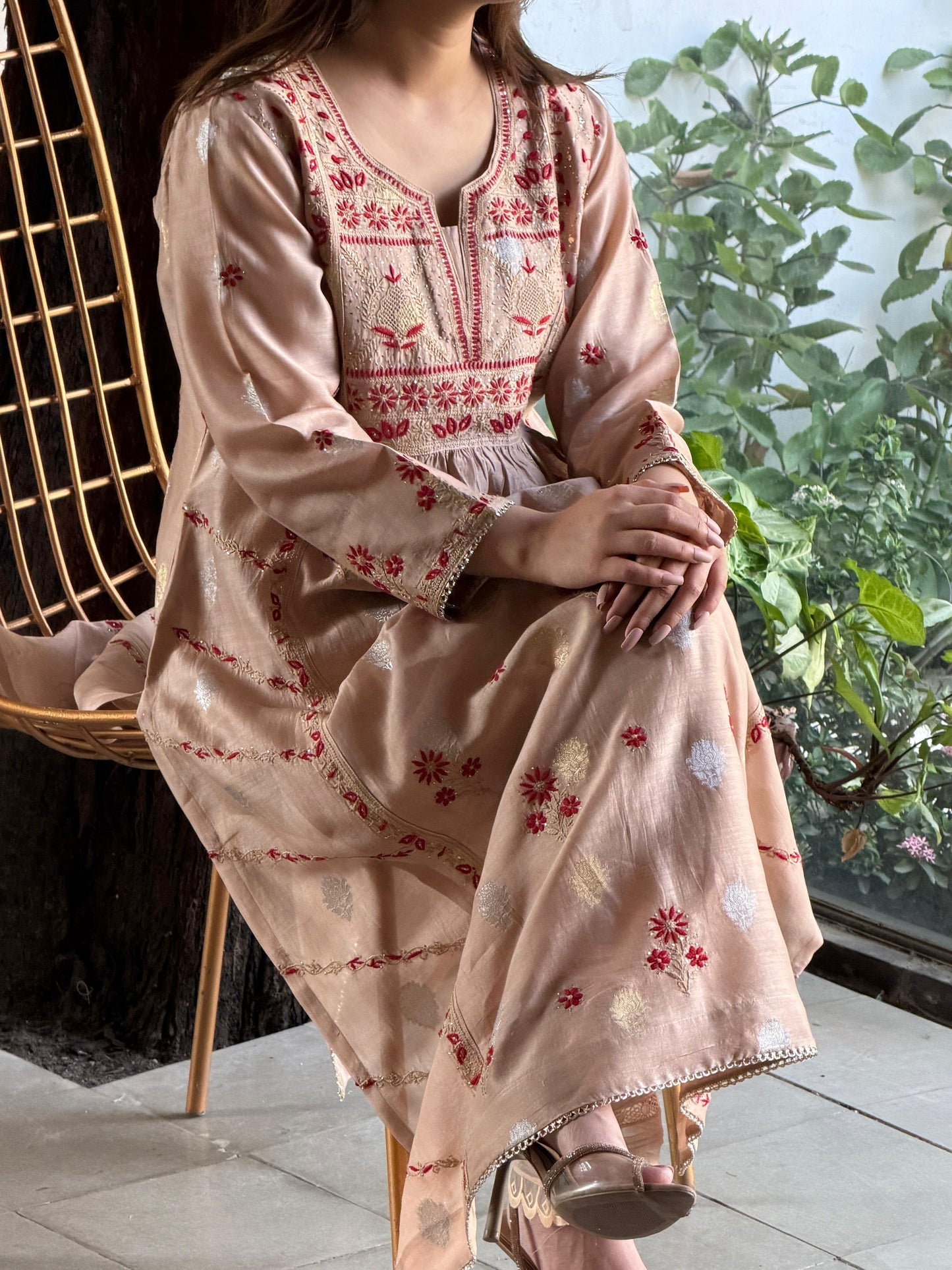 Almond Pink Zari Chanderi Chikankari Ready to Wear Tunics