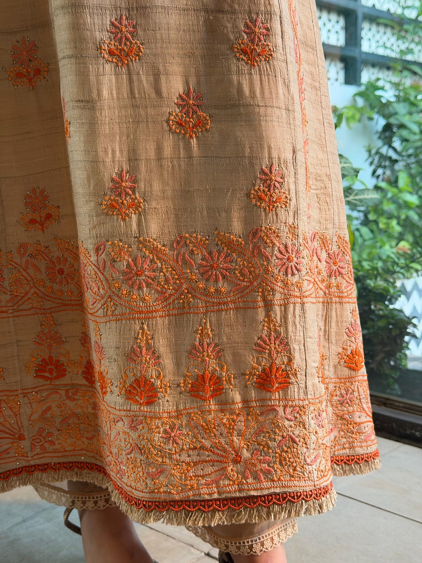 Basak Natural Tussar Silk Kalidar Chikankari Kurta Set
