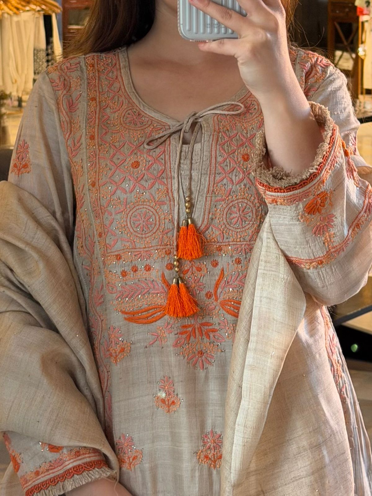 Basak Natural Tussar Silk Kalidar Chikankari Kurta Set