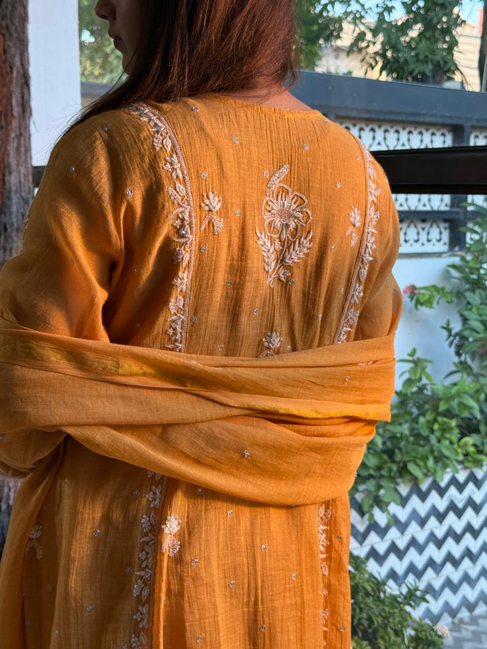 Tissue Silk Chikankari Angarkha With Ari & Beads Work