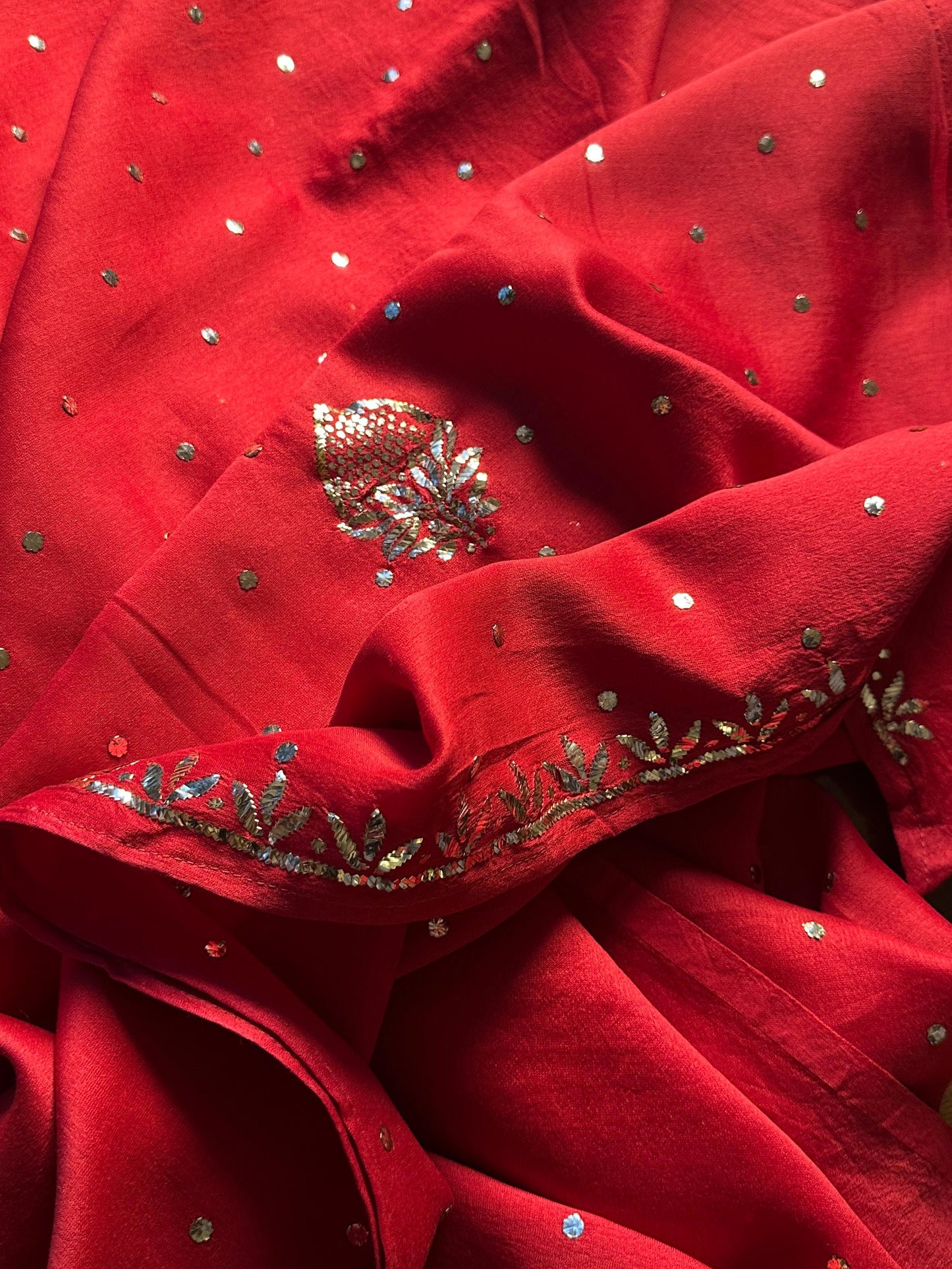 Red Chanderi Silk Mukaish Badla Unstitched Fabrics