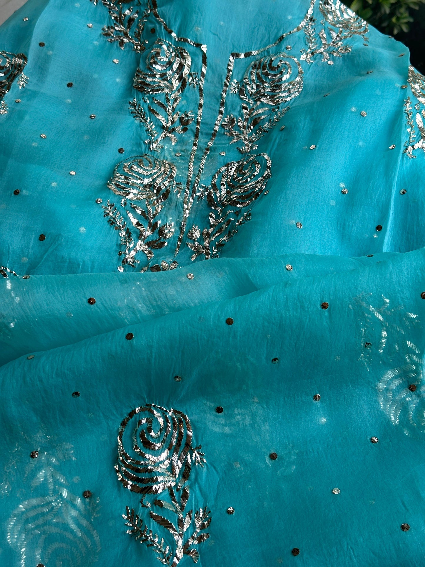 Aqua Blue Foil Print Organza Chikankari Sharara Set