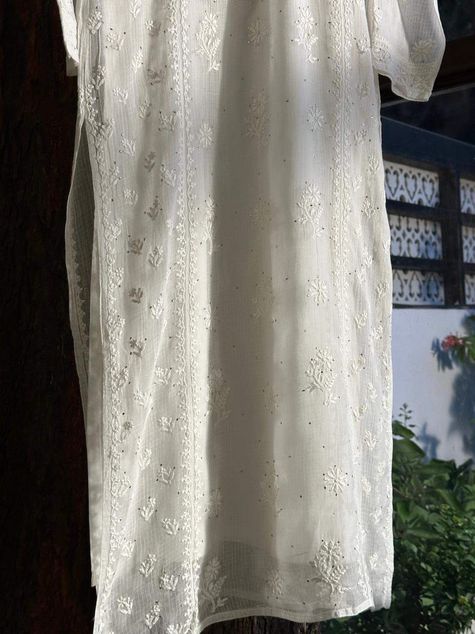 White Floral Kota Chikankari Ready To Wear Straight Kurta With Slip