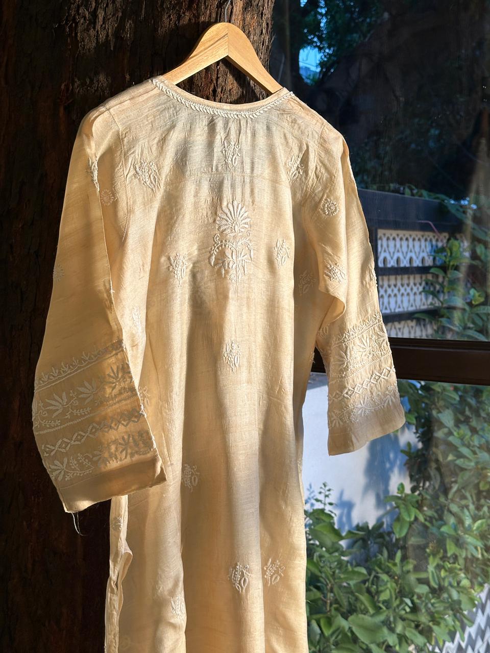 Natural Tussar Silk Chikankari Ready to Wear A Line Kurta
