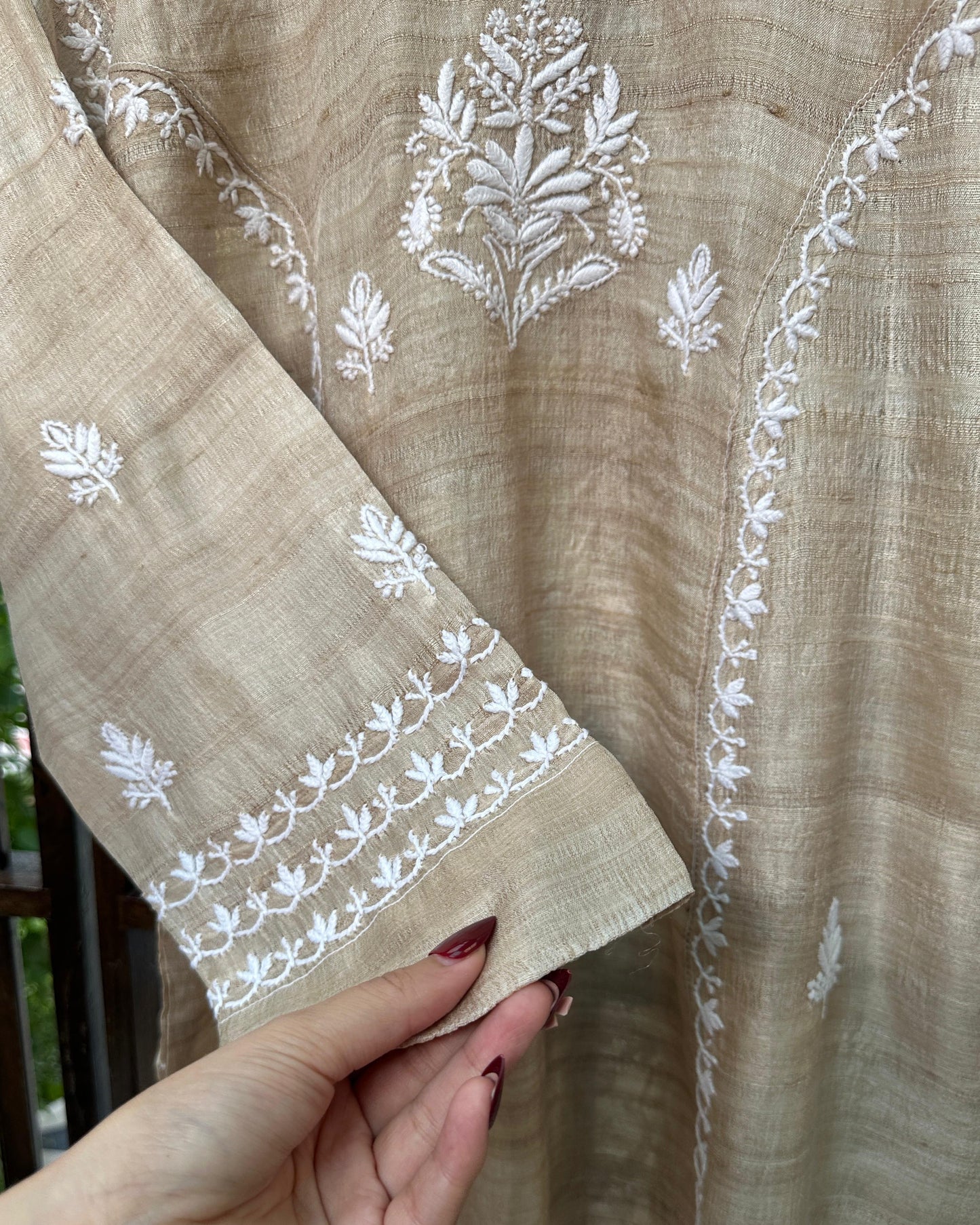 Natural Beige Tussar Silk Chikankari Ready to Wear Kurta