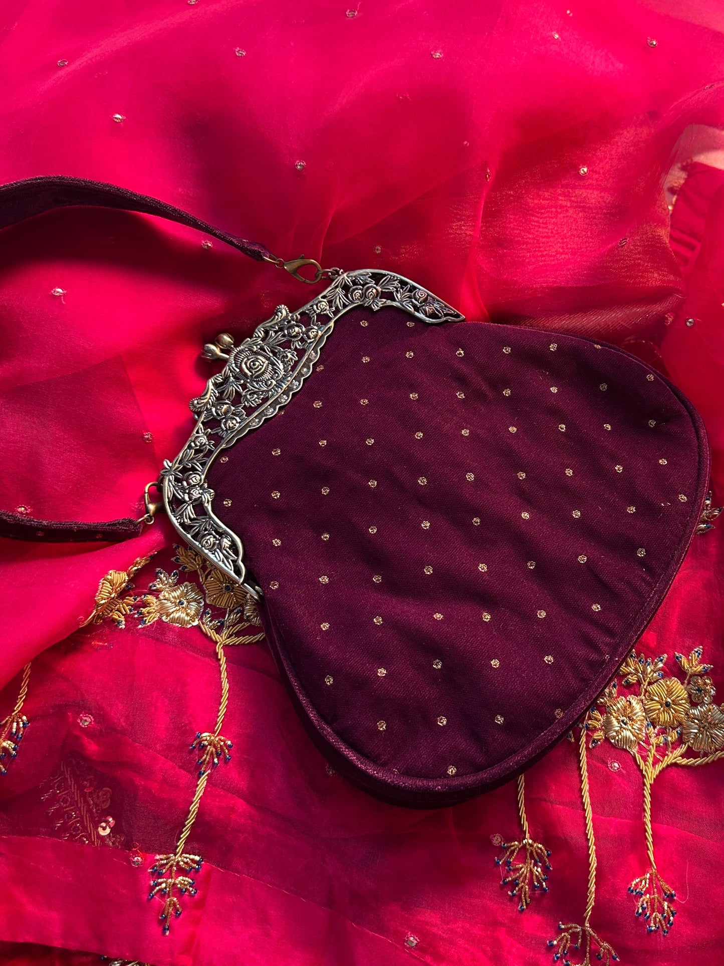 Burgundy Shade Velvet Ari Mukaish Zardosi Sling Bag