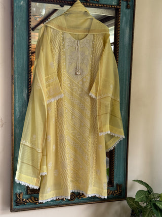 Yellow Shade Malmal Straight Cut Applique Chikankari Pearl & Sequins Kurta Set