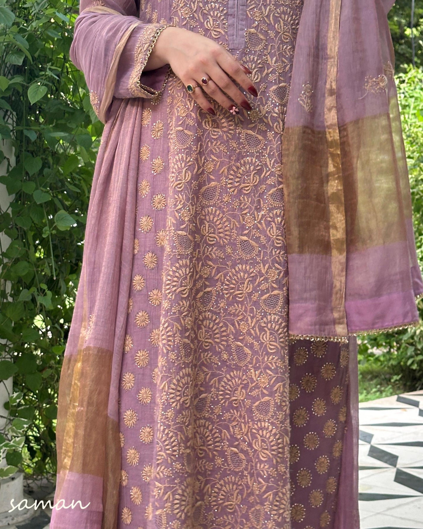 Dusty Lilac Tissue Silk Chikankari Kurta Set