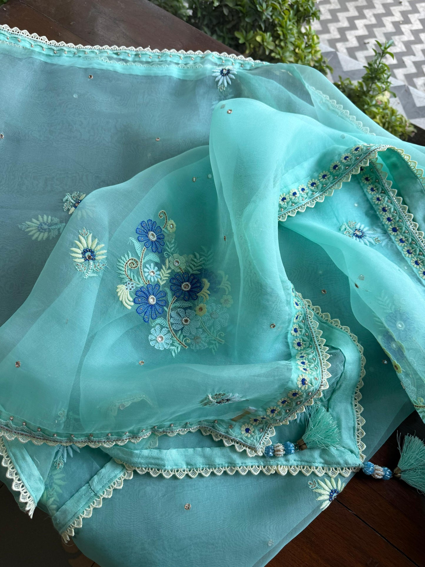 Blue Shade Noor Organza Silk Chikankari Straight Cut Kurta Dupatta Set