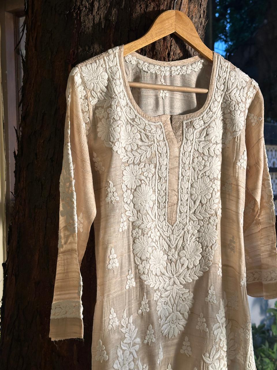 Natural Tussar Silk Chikankari Ready to Wear Straight Kurta