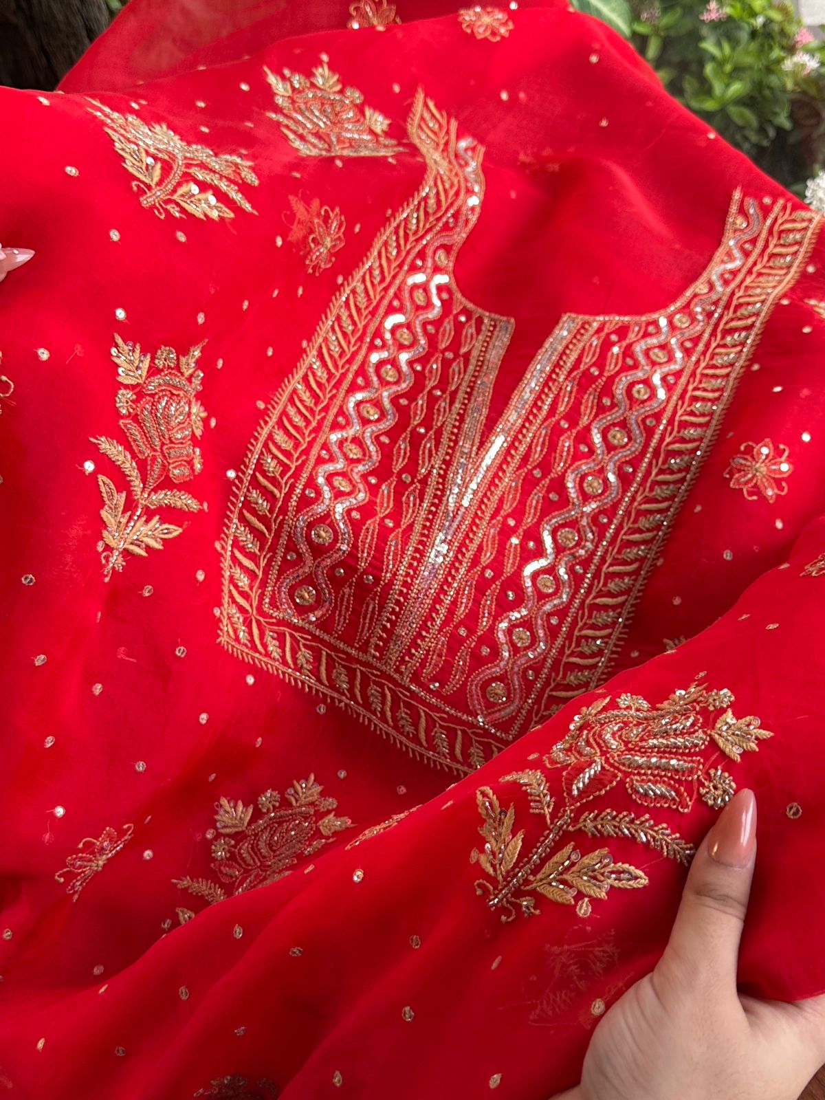Red Noor Organza Silk Chikankari Unstitched Kurta Dupatta Set