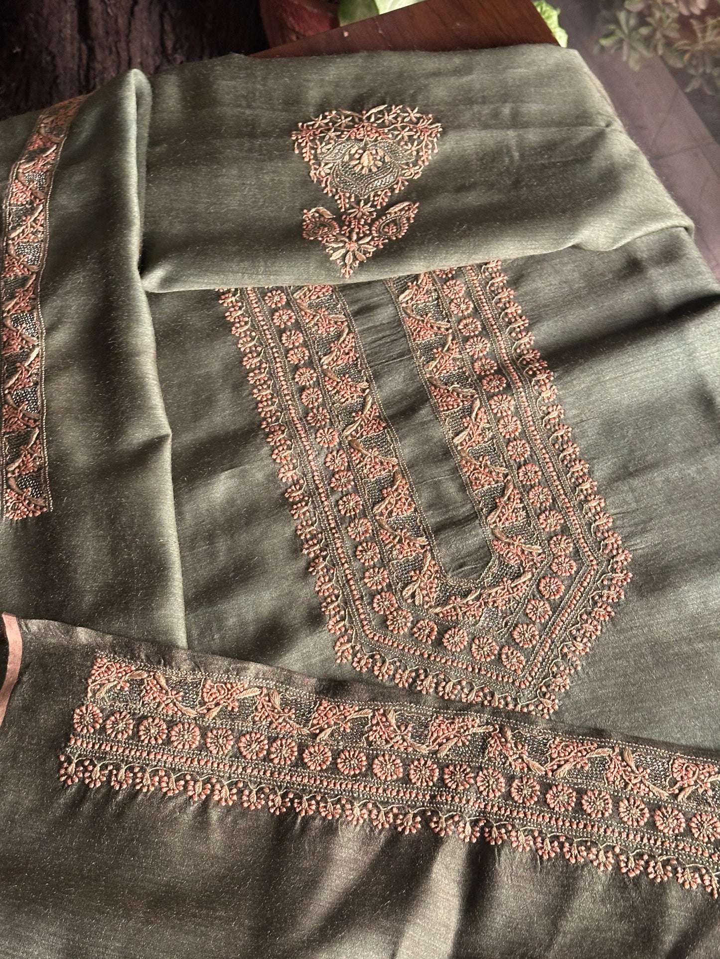 Olive Green Moonga Silk Chikankari Men’s Kurta Fabric