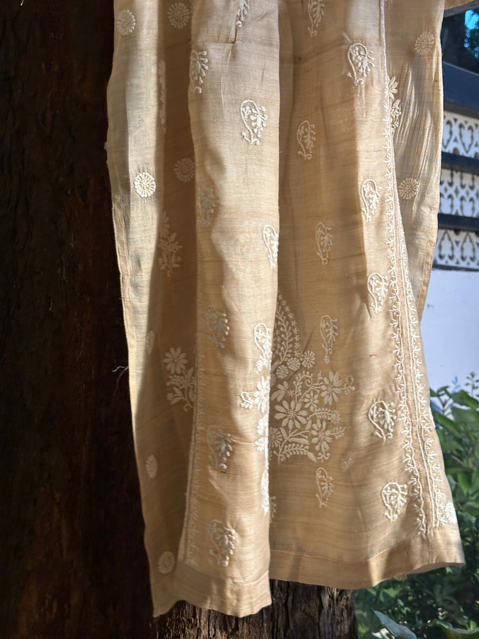 Natural Tussar Silk Chikankari Ready to Wear A Line Kurta