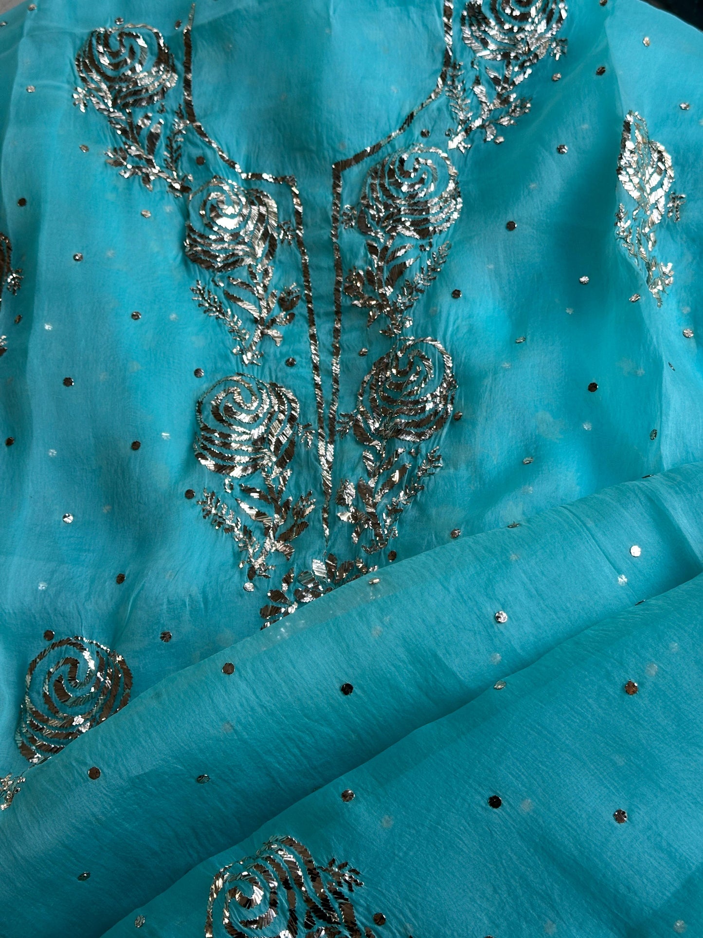 Aqua Blue Foil Print Organza Chikankari Sharara Set
