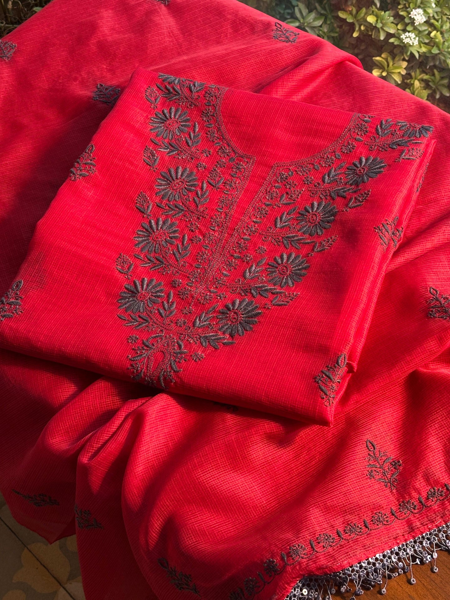 Red & Grey Kota Chikankari Unstitched Fabric