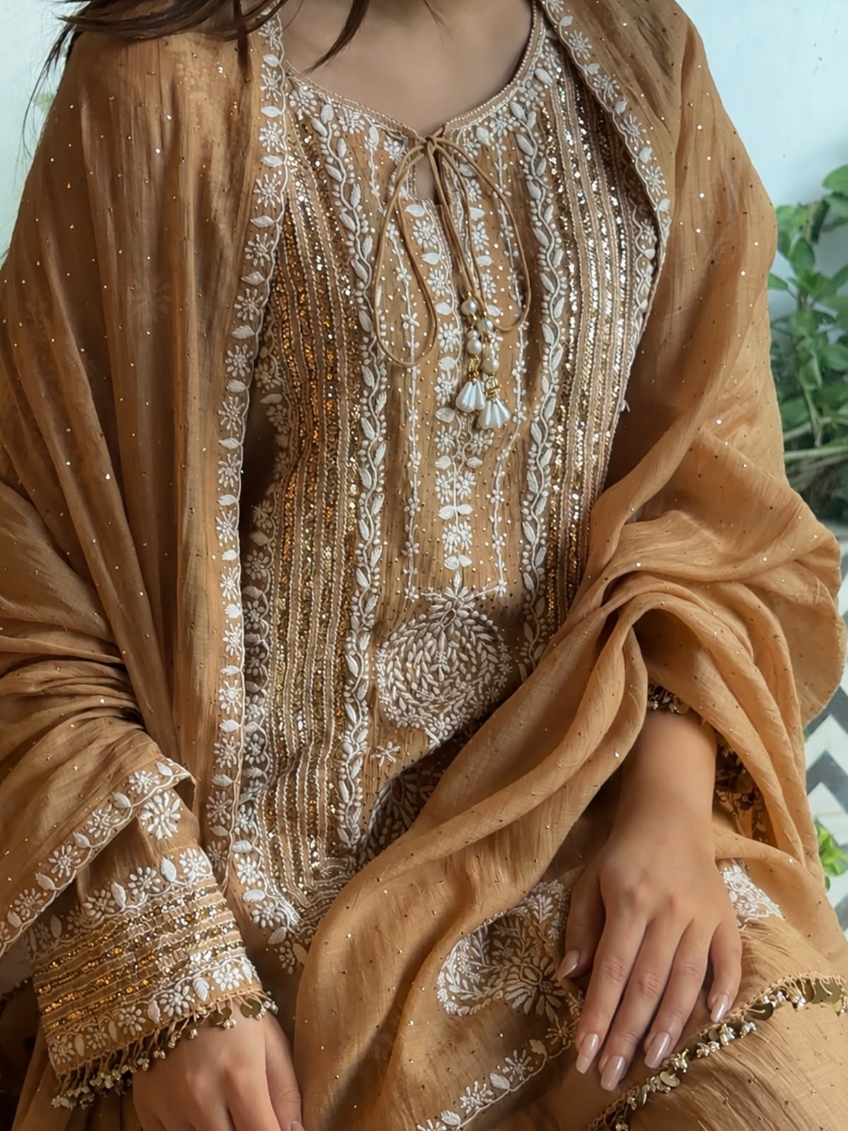 Crush Mul Heavy Chikankari Yoke Kurta Set