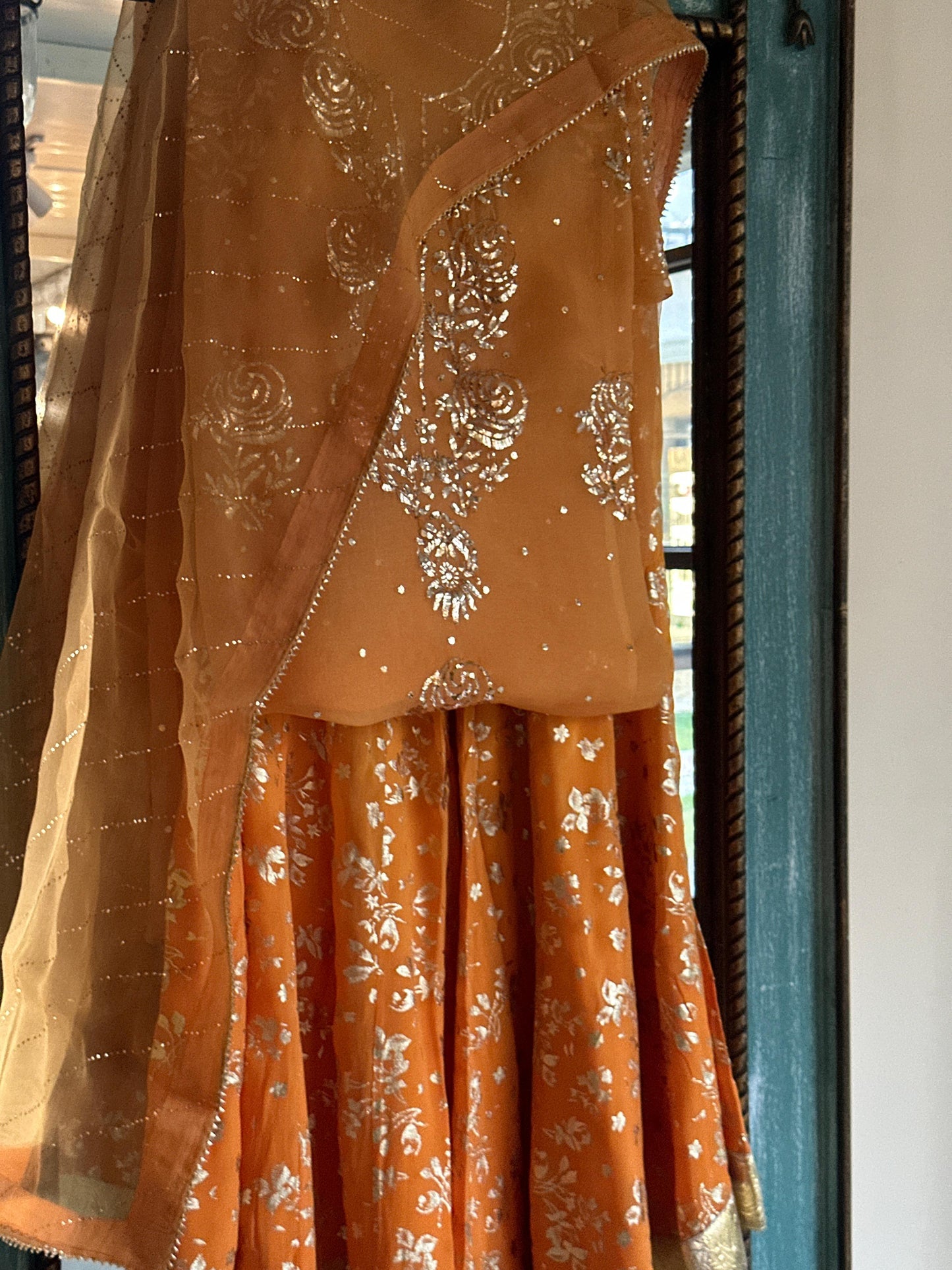 Saffron Shade Foil Print Organza Chikankari Sharara Set