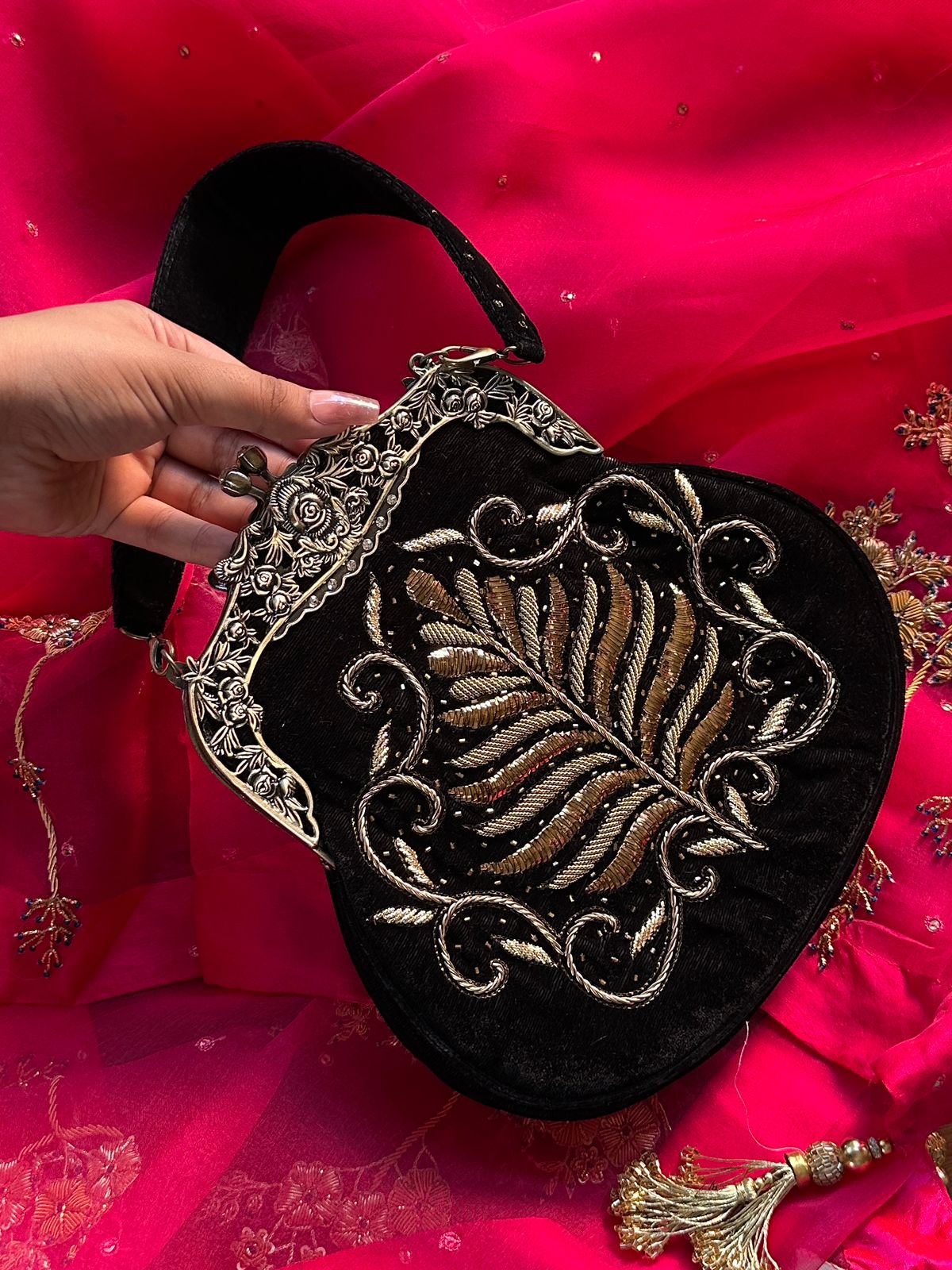 Jet Black Velvet Ari Mukaish Zardosi Sling Bag