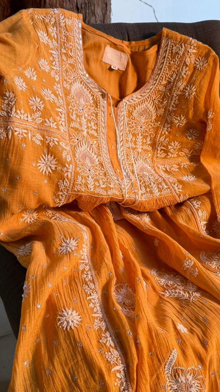 Tissue Silk Chikankari Angarkha With Ari & Beads Work