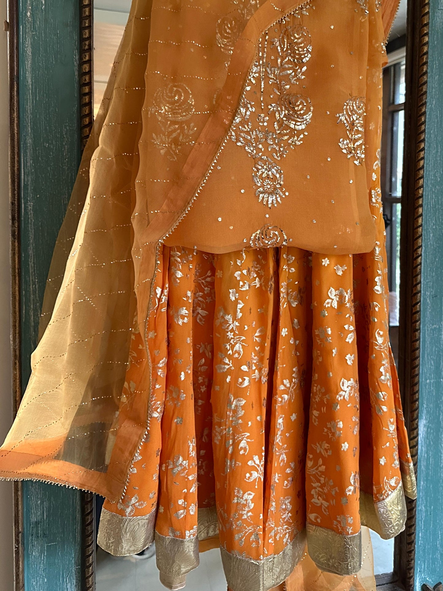 Saffron Shade Foil Print Organza Chikankari Sharara Set