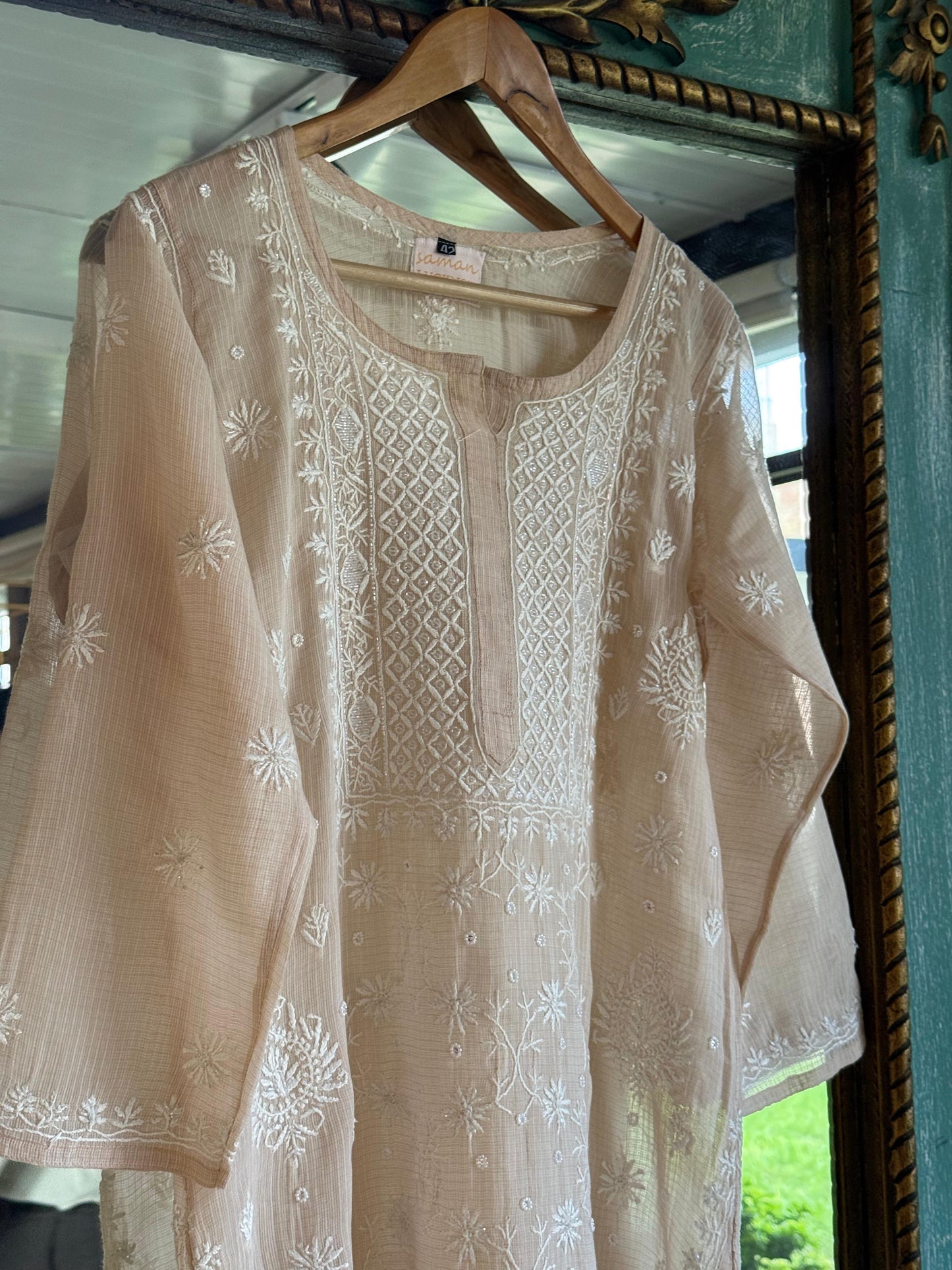 Beige Sequinned Chikankari Kota Kurta