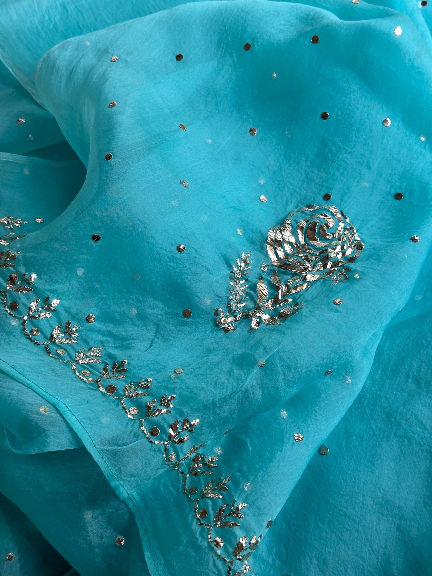 Aqua Blue Foil Print Organza Chikankari Sharara Set