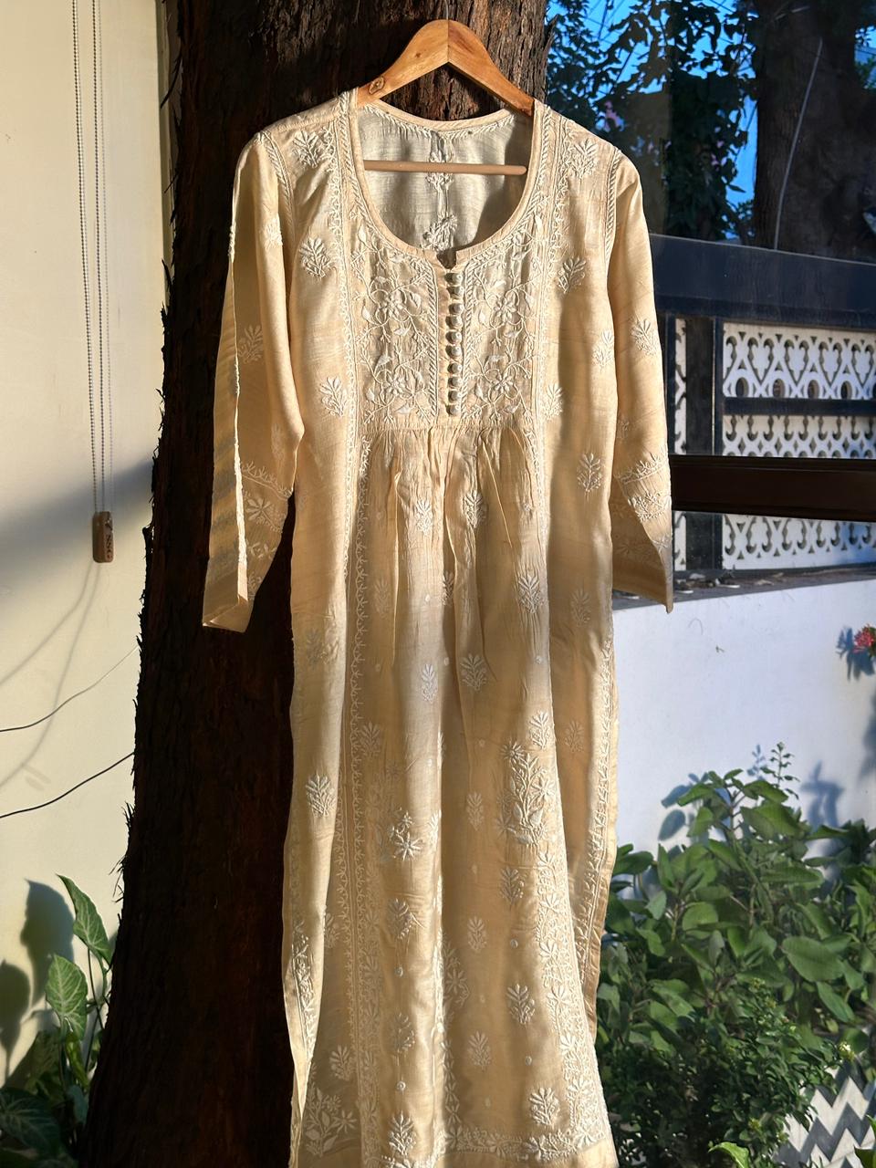 Natural Tussar Silk Chikankari Ready to Wear A Line Kurta