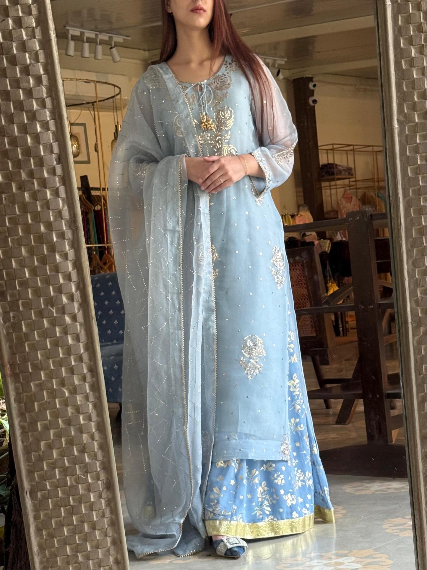 Powder Blue Foil Print Organza Chikankari Ready to Wear Sharara Set