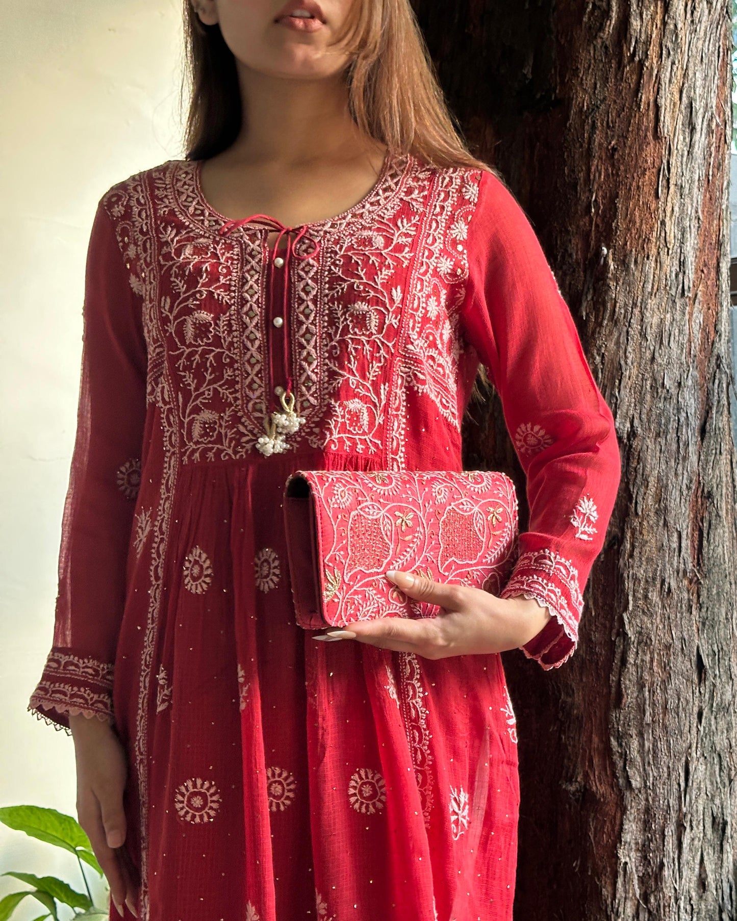 Red Kota Chikankari with Mukaish Kamdani Tunics