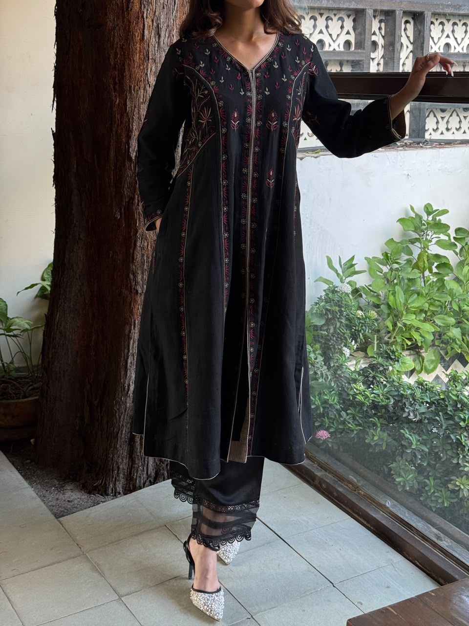 Black Handspun Malkha Chikankari Panel Tunic