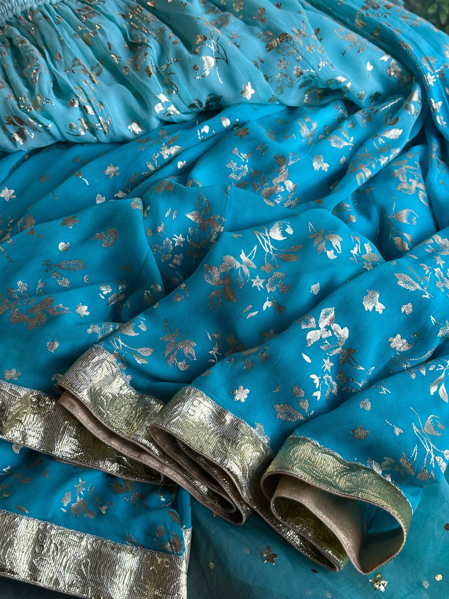 Aqua Blue Foil Print Organza Chikankari Sharara Set