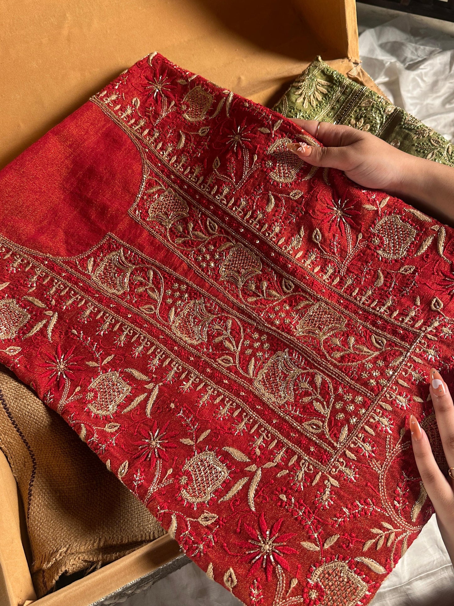Red Tissue Silk Chikankari Unstitched Fabric