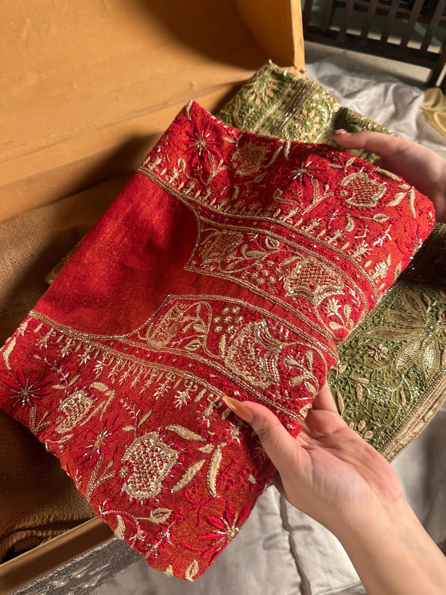 Red Tissue Silk Chikankari Unstitched Fabric