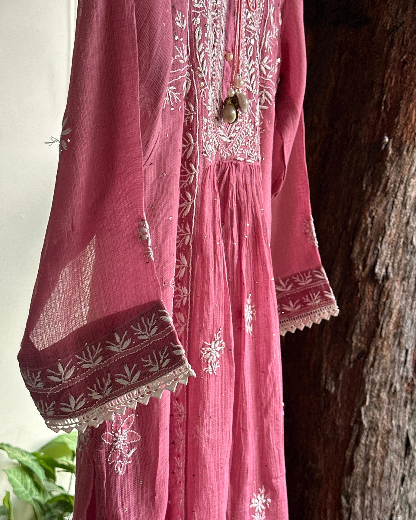 Onion Pink Kota Chikankari with Mukaish Kamdani Tunics