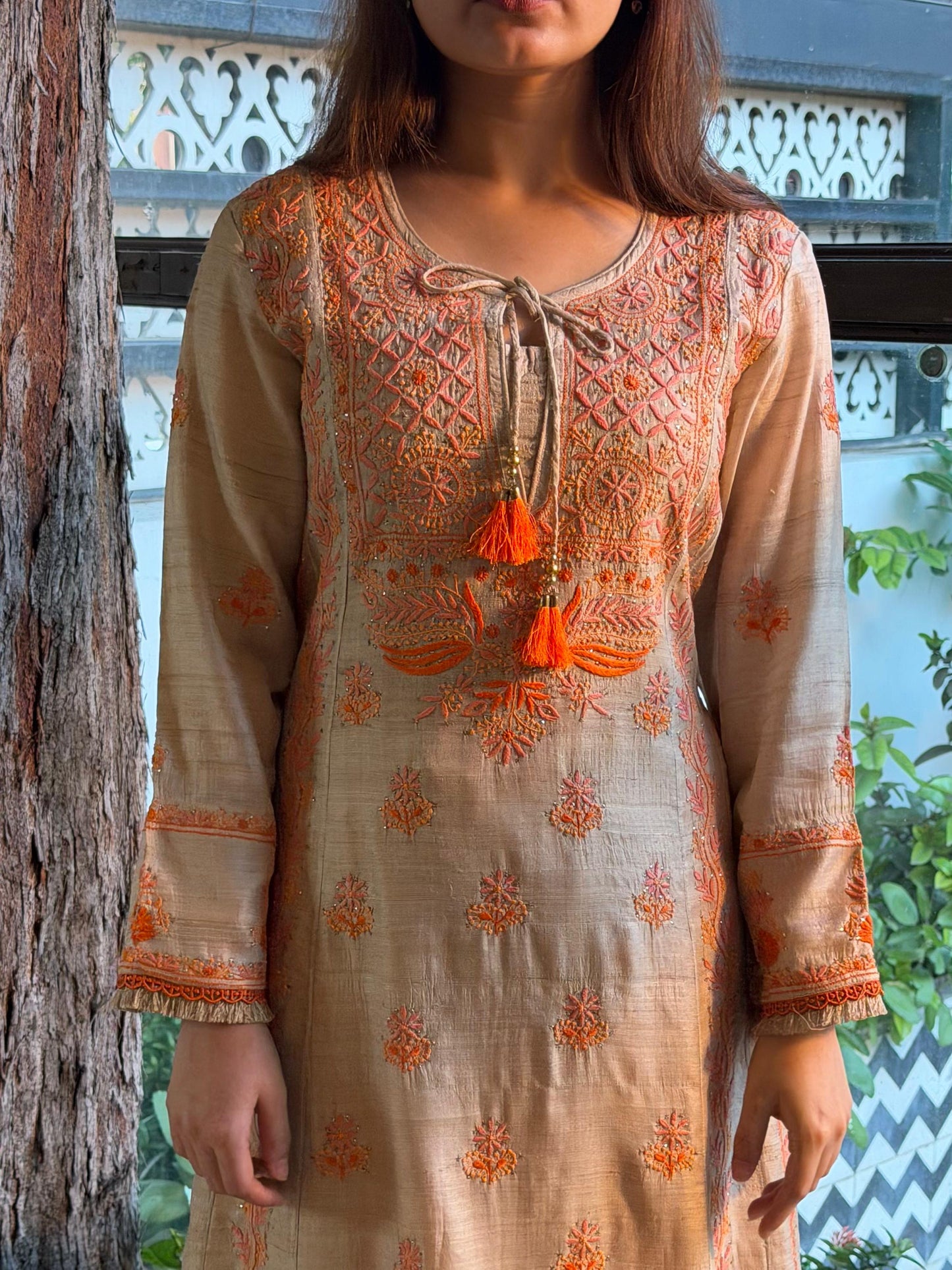 Basak Natural Tussar Silk Kalidar Chikankari Kurta Set