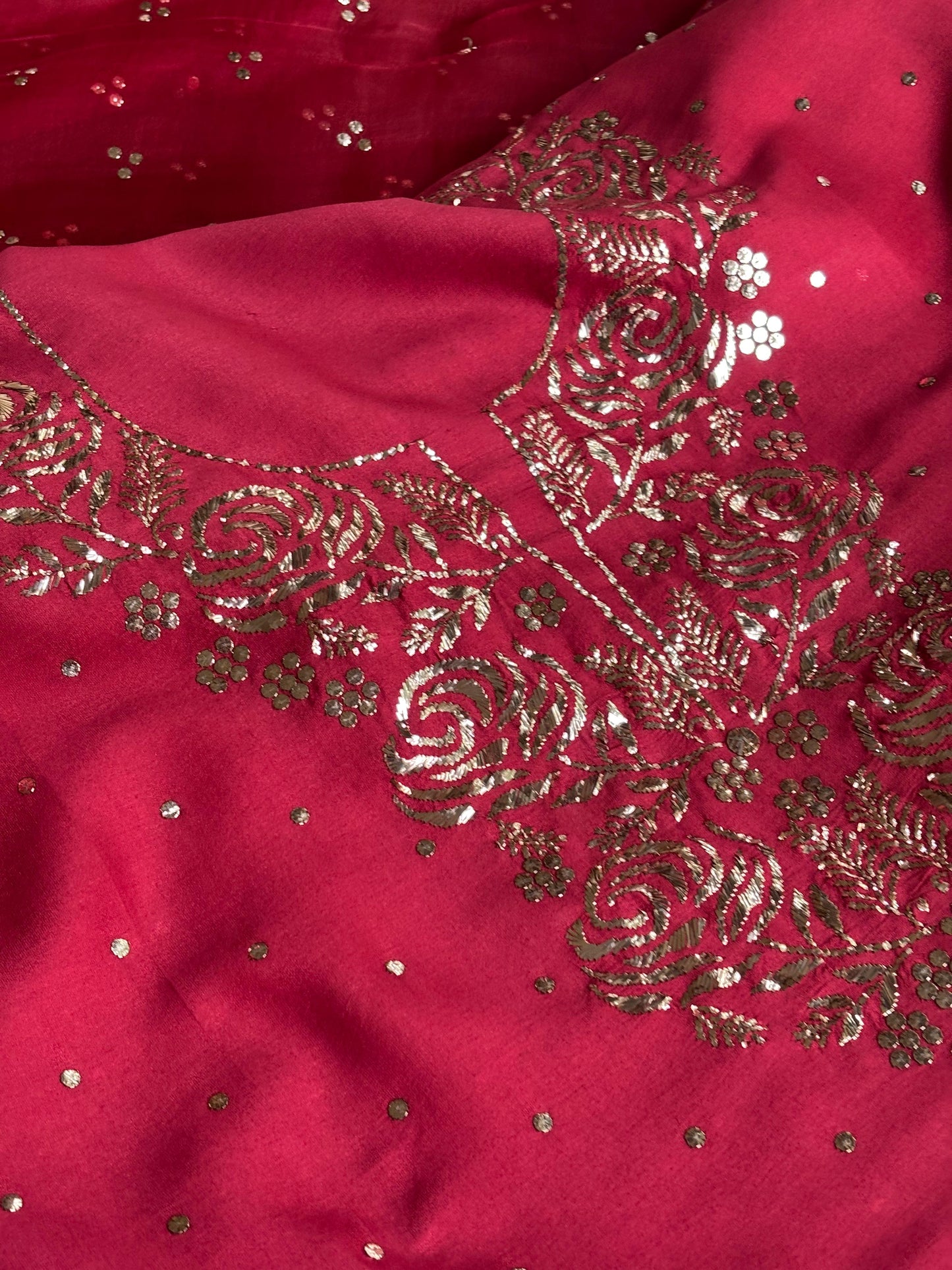 Berry Red Chanderi Silk Mukaish Badla Unstitched Fabrics
