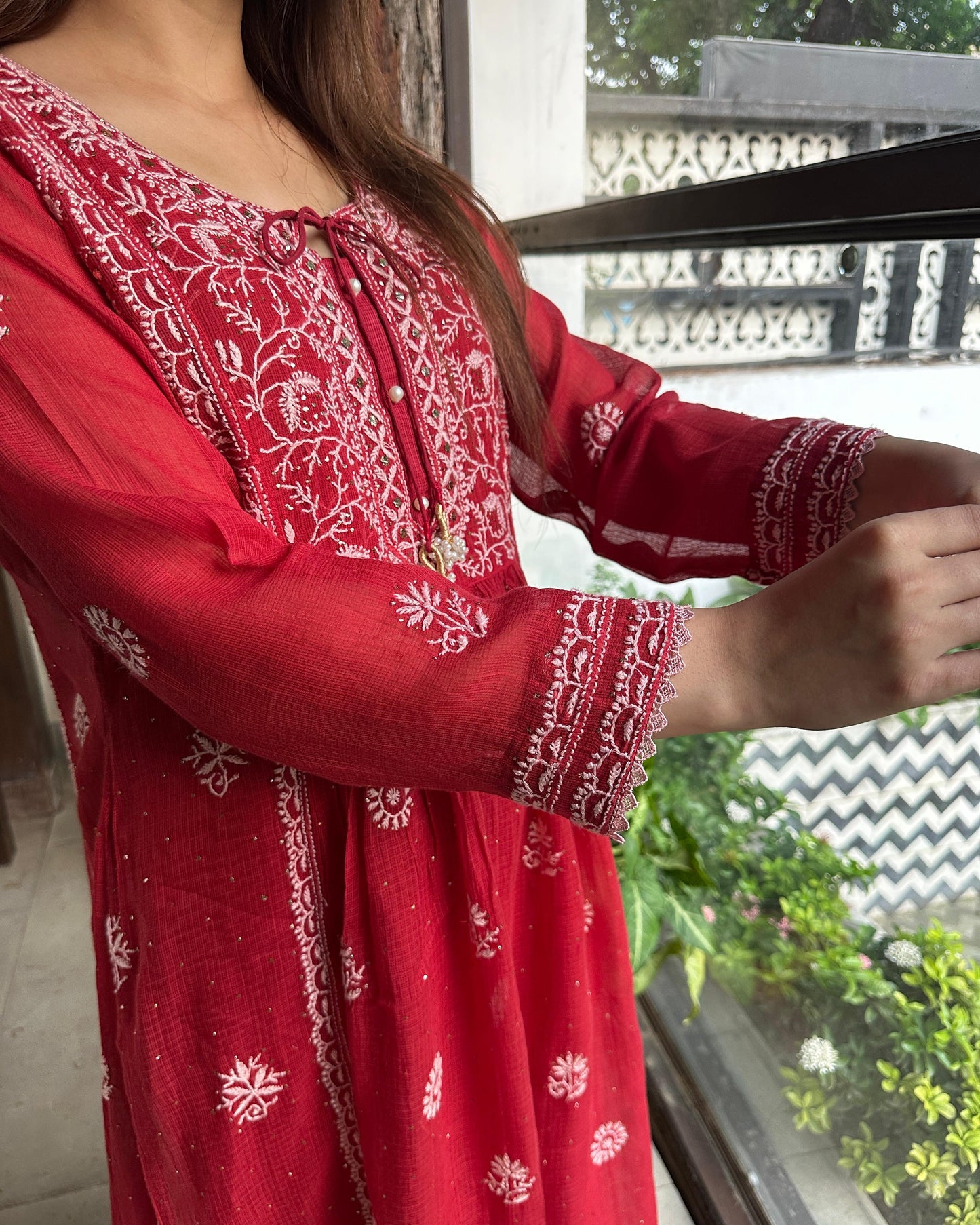 Red Kota Chikankari with Mukaish Kamdani Tunics