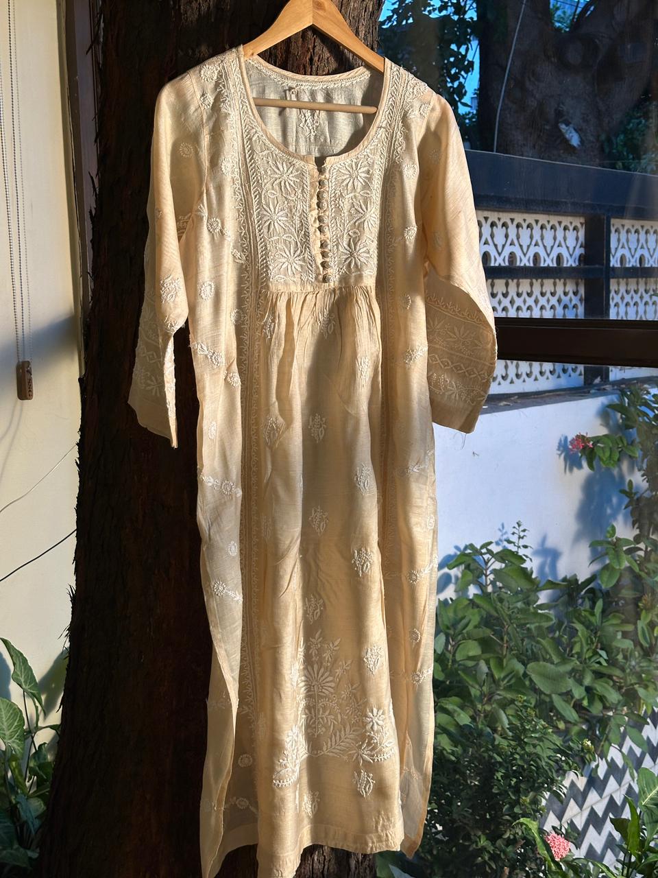 Natural Tussar Silk Chikankari Ready to Wear A Line Kurta