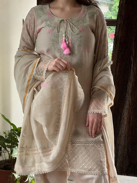 Mushroom Beige Mal Chanderi Farshi Chikankari Set
