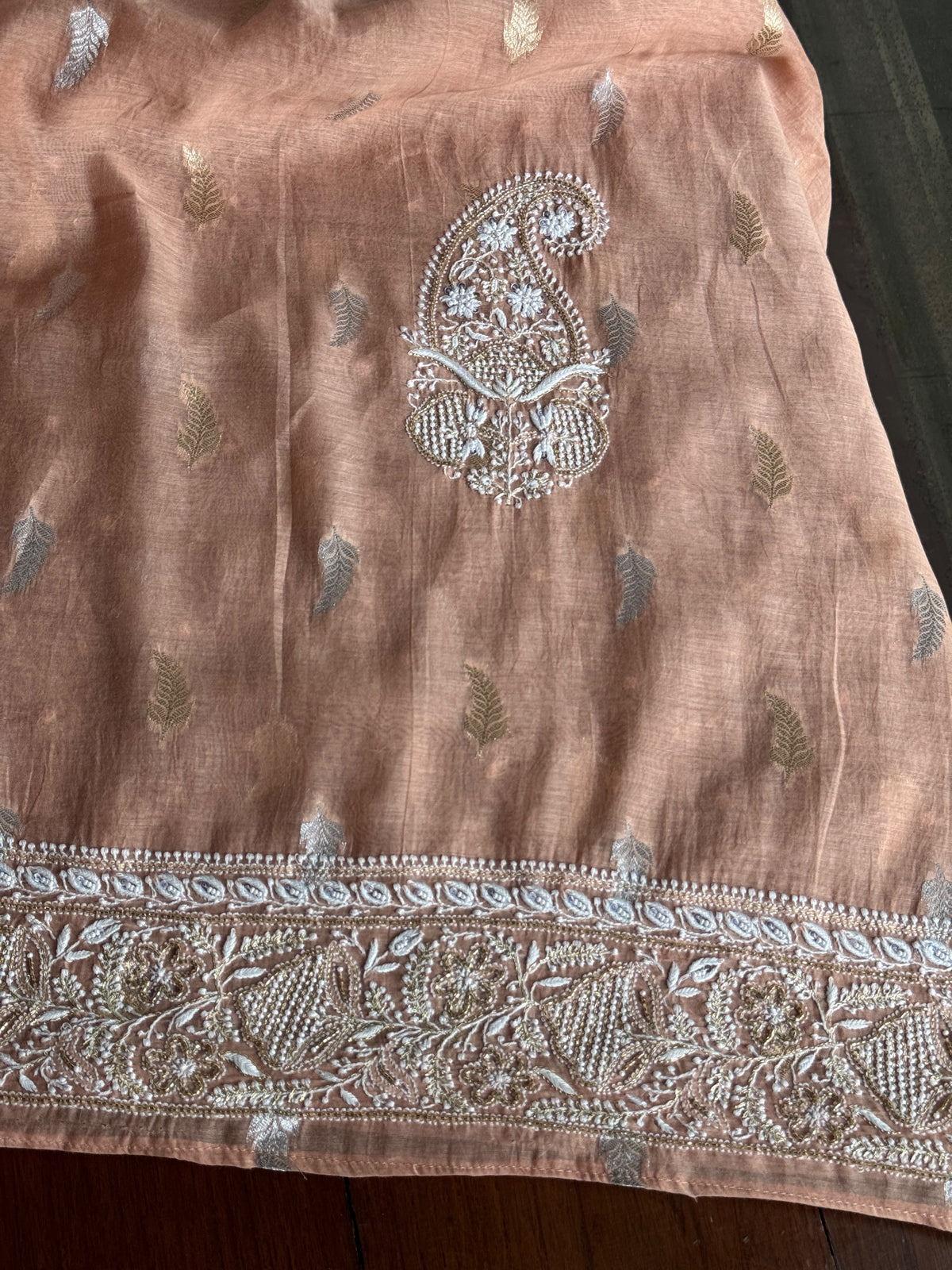 Almond Peach Shade Banarasi Zari Chanderi Unstitched Chikankari Fabric