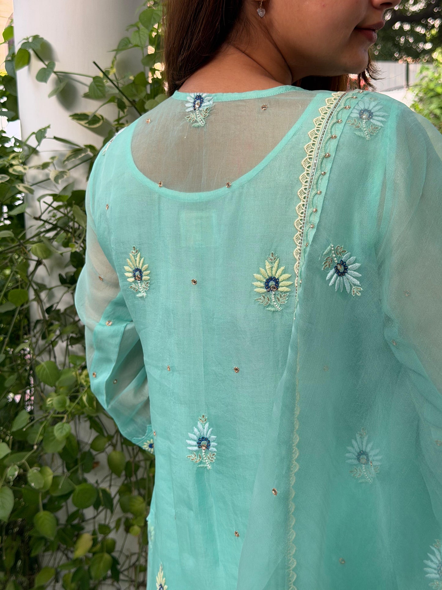 Blue Shade Noor Organza Silk Chikankari Straight Cut Kurta Dupatta Set