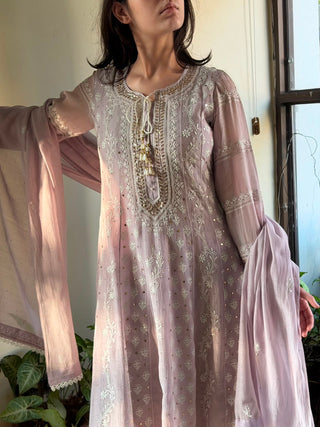 Lavender Mal Chanderi Mukaish Kamdani Chikankari Anarkali
